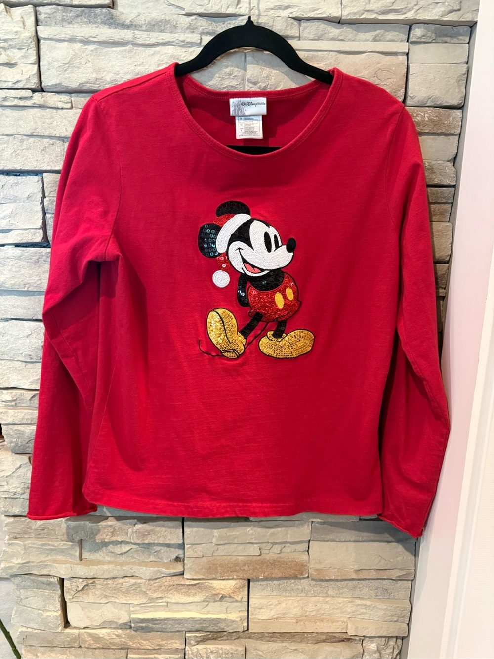Disney Red Long-Sleeve Mickey Mouse Sequin Top Womens Size L
